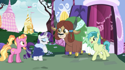Size: 1920x1080 | Tagged: safe, screencap, character:luster dawn, character:rarity, character:sandbar, character:yona, species:earth pony, species:pony, species:unicorn, ship:yonabar, episode:the last problem, g4, my little pony: friendship is magic, cloven hooves, female, implied yonabar, male, mare, monkey swings, older sandbar, older yona, shipping, stallion, straight