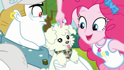Size: 1920x1080 | Tagged: safe, screencap, character:bulk biceps, character:pinkie pie, species:dog, episode:do it for the ponygram!, g4, my little pony:equestria girls, bib, cute, diapinkes, ear piercing, earring, female, geode of sugar bombs, jewelry, magic cupcake touch, magical geodes, male, open mouth, piercing, smiling, sushi bib, wooyoo
