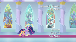 Size: 1920x1080 | Tagged: safe, screencap, character:cozy glow, character:gallus, character:lord tirek, character:luster dawn, character:ocellus, character:princess flurry heart, character:queen chrysalis, character:sandbar, character:silverstream, character:smolder, character:twilight sparkle, character:twilight sparkle (alicorn), character:yona, species:alicorn, species:changedling, species:pony, species:unicorn, episode:the last problem, g4, my little pony: friendship is magic, credits, end of ponies, older, older flurry heart, older twilight, princess twilight 2.0, stained glass, student six, toasty rhino boi