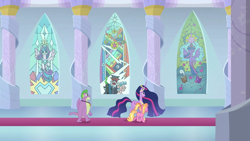 Size: 1920x1080 | Tagged: safe, screencap, character:cozy glow, character:lord tirek, character:luster dawn, character:princess flurry heart, character:queen chrysalis, character:spike, character:twilight sparkle, character:twilight sparkle (alicorn), species:alicorn, species:dragon, species:pony, species:unicorn, episode:the last problem, g4, my little pony: friendship is magic, leak, end of ponies, gigachad spike, older, older flurry heart, older spike, older twilight, princess twilight 2.0, stained glass, winged spike