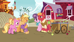 Size: 1920x1080 | Tagged: safe, screencap, character:applejack, character:big mcintosh, character:little mac, character:luster dawn, character:sugar belle, species:dog, species:earth pony, species:pony, species:unicorn, episode:the last problem, g4, my little pony: friendship is magic, apple, aunt and nephew, brandy (g4), colt, cookie (character), cutie mark, eyes closed, female, food, fritter (character), male, mare, older, older big macintosh, older sugar belle, open mouth, stallion, sweet apple acres, wichita (character)