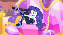 Size: 1920x1080 | Tagged: safe, screencap, character:rarity, episode:do it for the ponygram!, episode:the other side, g4, my little pony:equestria girls, bare shoulders, blooper, bodysuit, clothing, faec, female, gloves, high heels, open mouth, phone, rotary phone, shoes, sleeveless, solo, strapless, telephone cord, the other side bloopers, unitard