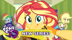 Size: 1280x720 | Tagged: safe, screencap, character:applejack, character:fluttershy, character:rainbow dash, character:rarity, character:sunset shimmer, episode:do it for the ponygram!, g4, my little pony:equestria girls, canterlot high, cute, equestria girls logo, shimmerbetes, tongue out, youtube, youtube link in the description, youtube thumbnail