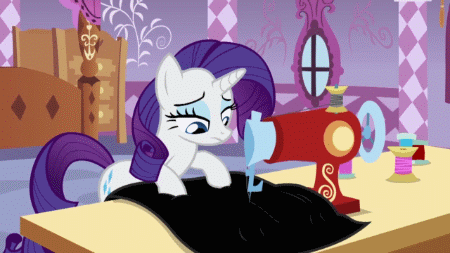 Size: 450x253 | Tagged: safe, screencap, character:rarity, species:pony, species:unicorn, episode:green isn't your color, g4, my little pony: friendship is magic, animated, carousel boutique, female, gif, mare, sewing, sewing machine, solo