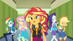 Size: 1920x1080 | Tagged: safe, screencap, character:applejack, character:fluttershy, character:rainbow dash, character:rarity, character:sunset shimmer, character:twilight sparkle, character:twilight sparkle (scitwi), species:eqg human, episode:do it for the ponygram!, g4, my little pony:equestria girls, applejack's hat, bracelet, canterlot high, clothing, cowboy hat, denim skirt, eyes closed, eyeshadow, female, geode of empathy, geode of fauna, geode of shielding, geode of super speed, geode of super strength, group photo, hallway, hat, jewelry, lidded eyes, lockers, looking at you, magical geodes, makeup, nervous, open mouth, pencil skirt, playing with hair, sextet, skirt, smiling