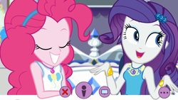 Size: 1920x1080 | Tagged: safe, screencap, character:pinkie pie, character:rarity, episode:do it for the ponygram!, g4, my little pony:equestria girls, bracelet, cute, diapinkes, duo, duo female, eyes closed, female, geode of shielding, geode of sugar bombs, jewelry, magical geodes, open mouth, raribetes, rarity's bedroom, recording, smiling, webcam