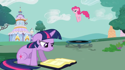 Size: 1920x1080 | Tagged: safe, screencap, character:pinkie pie, character:twilight sparkle, species:earth pony, species:pony, species:unicorn, episode:the best night ever, g4, my little pony: friendship is magic, book, trampoline