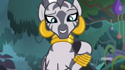 Size: 1920x1080 | Tagged: safe, screencap, character:zecora, species:pony, species:zebra, episode:she talks to angel, g4, my little pony: friendship is magic, bracelet, close-up, ear piercing, earring, everfree forest, female, forest, grin, jewelry, lidded eyes, looking down, mare, mohawk, neck rings, piercing, quadrupedal, raised eyebrow, raised hoof, smiling, solo, zecora's hut