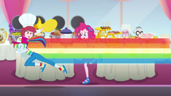 Size: 1920x1080 | Tagged: safe, screencap, character:chelsea porcelain, character:mr. waddle, character:pinkie pie, character:rainbow dash, equestria girls:spring breakdown, g4, my little pony:equestria girls, food, puffed pastry, rainbow, tackle