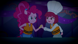Size: 1920x1080 | Tagged: safe, screencap, character:pinkie pie, equestria girls:spring breakdown, g4, my little pony:equestria girls, holding hands, lifejacket, ponied up, puffed pastry, super ponied up