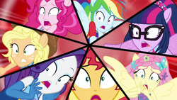 Size: 1920x1080 | Tagged: safe, screencap, character:applejack, character:fluttershy, character:pinkie pie, character:rainbow dash, character:rarity, character:sunset shimmer, character:twilight sparkle, character:twilight sparkle (scitwi), species:eqg human, episode:cheer you on, g4, my little pony:equestria girls, humane five, humane seven, humane six, le gasp, ponied up, scitwilicorn, shocked, shrunken pupils, sleeveless, super ponied up