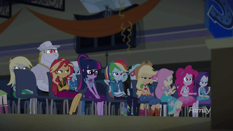 Size: 800x450 | Tagged: safe, screencap, character:applejack, character:bulk biceps, character:derpy hooves, character:fluttershy, character:microchips, character:pinkie pie, character:rainbow dash, character:rarity, character:roseluck, character:snips, character:sunset shimmer, character:trixie, character:twilight sparkle, character:twilight sparkle (scitwi), species:eqg human, episode:cheer you on, g4, my little pony:equestria girls, animated, auditorium, canterlot high, chair, directed by michael bay, explosion, geode of empathy, geode of super strength, geode of telekinesis, gif, gymnasium, jvj-24601, looking at each other, magical geodes, robot, running, scared, screaming, smiling