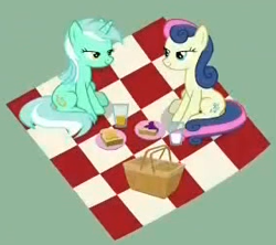 Size: 282x250 | Tagged: safe, screencap, character:bon bon, character:lyra heartstrings, character:sweetie drops, species:pony, episode:she talks to angel, g4, my little pony: friendship is magic, basket, blanket, cropped, drinking glass, overhead view, picnic, picnic basket, picture for breezies, plates