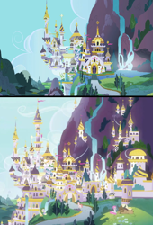 Size: 632x932 | Tagged: safe, screencap, species:classical hippogriff, species:hippogriff, species:pony, species:yak, episode:the last problem, g4, my little pony: friendship is magic, architecture, canterlot, comparison, new canterlot, waterfall