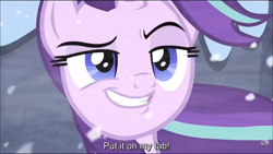 Size: 1136x640 | Tagged: safe, screencap, character:starlight glimmer, species:pony, species:unicorn, episode:the ending of the end, g4, my little pony: friendship is magic, badass, cocky, confident, dreamworks face, female, grin, lidded eyes, mare, put it on my tab, smiling, smug, smuglight glimmer, solo, subtitles