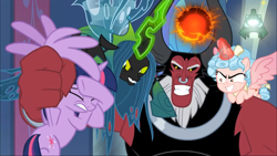 Size: 1920x1080 | Tagged: safe, screencap, character:cozy glow, character:lord tirek, character:queen chrysalis, character:twilight sparkle, character:twilight sparkle (alicorn), species:alicorn, species:centaur, species:changeling, species:pony, episode:the ending of the end, g4, my little pony: friendship is magic, alicornified, cozycorn, crazy glow, crazycorn, evil grin, grin, grogar's bell, insanity, race swap, slasher smile, smiling, ultimate chrysalis