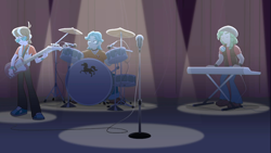 Size: 1918x1078 | Tagged: safe, screencap, character:ringo, character:sandalwood, episode:cheer you on, g4, my little pony:equestria girls, brawly beats, clothing, cymbals, drum kit, drums, flash drive (band), guitar, hat, keyboard, male, microphone, microphone stand, musical instrument, ringo