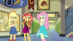 Size: 1920x1080 | Tagged: safe, screencap, character:applejack, character:fluttershy, character:sunset shimmer, episode:do it for the ponygram!, g4, my little pony:equestria girls, canterlot high
