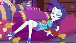 Size: 1920x1080 | Tagged: safe, screencap, character:rarity, equestria girls:holidays unwrapped, g4, my little pony:equestria girls, bags under eyes, blizzard or bust, book, eyes closed, eyeshadow, geode of shielding, legs, magical geodes, makeup, pencil skirt, plusplus, sleeping, solo