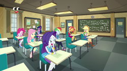 Size: 1920x1080 | Tagged: safe, screencap, character:applejack, character:fluttershy, character:pinkie pie, character:rainbow dash, character:rarity, character:sunset shimmer, character:twilight sparkle, character:twilight sparkle (scitwi), species:eqg human, equestria girls:holidays unwrapped, g4, my little pony:equestria girls, blizzard or bust, classroom, detention, humane five, humane seven, humane six, plusplus