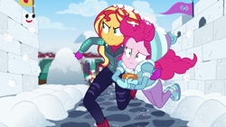 Size: 1920x1080 | Tagged: safe, screencap, character:flash sentry, character:pinkie pie, character:sunset shimmer, equestria girls:holidays unwrapped, g4, my little pony:equestria girls, plusplus, shrunken pupils, snow