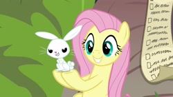 Size: 1920x1080 | Tagged: safe, screencap, character:angel bunny, character:fluttershy, species:pony, species:rabbit, episode:she talks to angel, g4, my little pony: friendship is magic, animal, checklist, duo, evil grin, female, grin, list, male, mare, smiling