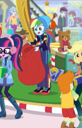 Size: 315x488 | Tagged: safe, screencap, character:applejack, character:nolan north, character:normal norman, character:princess celestia, character:principal celestia, character:rainbow dash, character:twilight sparkle, character:twilight sparkle (scitwi), species:eqg human, equestria girls:holidays unwrapped, g4, my little pony:equestria girls, alizarin bubblegum, background human, cropped, cute, dashabetes, gallop j. fry, nolan north, sack, track starr, winter break-in, winter outfit