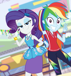 Size: 689x734 | Tagged: safe, screencap, character:rainbow dash, character:rarity, equestria girls:holidays unwrapped, g4, my little pony:equestria girls, canterlot mall, clothing, cropped, cute, dashabetes, duo, female, geode of shielding, jersey, magical geodes, peace sign, pencil skirt, photo, smiling