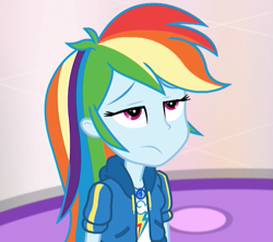 Size: 659x586 | Tagged: safe, screencap, character:rainbow dash, equestria girls:holidays unwrapped, g4, my little pony:equestria girls, cropped, geode of super speed, magical geodes, rainbow dash is not amused, solo, unamused