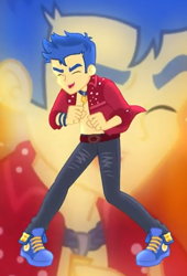 Size: 412x605 | Tagged: safe, screencap, character:flash sentry, episode:cheer you on, g4, my little pony:equestria girls, blue sneakers, clothing, converse, cropped, eyes closed, male, pants, partial nudity, shoes, singing, smiling, sneakers, solo, stupid sexy flash sentry, topless