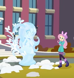 Size: 1032x1080 | Tagged: safe, screencap, character:fluttershy, species:bird, equestria girls:holidays unwrapped, g4, my little pony:equestria girls, blizzard or bust, blushing, butterfly, cropped, cute, ice sculpture, shyabetes, smiling, snow, winter outfit, woodpecker