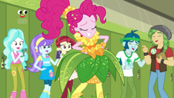 Size: 1920x1080 | Tagged: safe, screencap, character:aqua blossom, character:captain planet, character:paisley, character:pinkie pie, character:sandalwood, equestria girls:holidays unwrapped, g4, my little pony:equestria girls, clothing, cornucopia costumes, dress, laughing, o come all ye squashful, plusplus, pointing, ponytail, rose heart, smiling