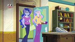 Size: 1912x1080 | Tagged: safe, screencap, character:princess celestia, character:princess luna, character:principal celestia, character:vice principal luna, equestria girls:holidays unwrapped, g4, my little pony:equestria girls, blizzard or bust, celestia's office, clothing, cutie mark, cutie mark accessory, cutie mark on clothes, jaw drop, plusplus, vice principal luna, wide eyes