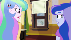 Size: 1912x1080 | Tagged: safe, screencap, character:princess celestia, character:princess luna, character:principal celestia, character:vice principal luna, equestria girls:holidays unwrapped, g4, my little pony:equestria girls, blizzard or bust, celestia's office, female, open mouth, plusplus, profile view, vice principal luna