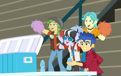 Size: 1146x720 | Tagged: safe, screencap, character:flash sentry, character:ringo, character:sandalwood, episode:cheer you on, g4, my little pony:equestria girls, brawly beats, clothing, male, pants, ringo, smiling, water bottle