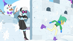 Size: 1280x720 | Tagged: safe, screencap, character:photo finish, character:snails, equestria girls:holidays unwrapped, g4, my little pony:equestria girls, boots, clothing, female, glasses, gloves, high heel boots, male, pants, plusplus, shoes, skirt, snow, snow fort, snowball, snowball fight, snowman, sunglasses, winter boots, winter outfit