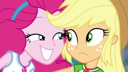 Size: 1920x1080 | Tagged: safe, screencap, character:applejack, character:pinkie pie, episode:do it for the ponygram!, g4, my little pony:equestria girls, do not want, evil grin, grin, personal space invasion, smiling