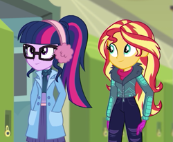 Size: 665x547 | Tagged: safe, screencap, character:sunset shimmer, character:twilight sparkle, character:twilight sparkle (scitwi), species:eqg human, equestria girls:holidays unwrapped, g4, my little pony:equestria girls, canterlot high, clothing, coat, cropped, earmuffs, female, glasses, gloves, hands in pockets, lockers, ponytail, smiling