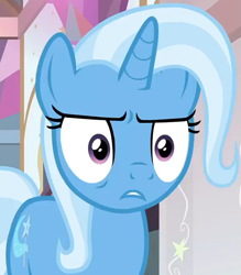 Size: 645x735 | Tagged: safe, screencap, character:trixie, species:pony, species:unicorn, episode:a horse shoe-in, g4, my little pony: friendship is magic, cropped, disbelief, faec, female, frown, mare, reaction image, solo, trixie is not amused, unamused