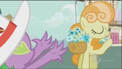 Size: 640x360 | Tagged: safe, screencap, character:junebug, character:spike, species:dragon, species:earth pony, species:pony, episode:secret of my excess, g4, my little pony: friendship is magic, basket, basket of flowers, clothing, eyes closed, female, flower, hat, hub logo, mare, raised hoof