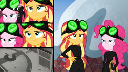 Size: 1920x1080 | Tagged: safe, screencap, character:pinkie pie, character:sunset shimmer, episode:pinkie spy, equestria girls:holidays unwrapped, g4, my little pony:equestria girls, catsuit, duo, duo female, female, goggles, imagine spot, night vision goggles, plusplus, winter break-in