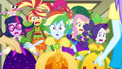 Size: 1280x720 | Tagged: safe, screencap, character:aqua blossom, character:fluttershy, character:rainbow dash, character:rarity, character:sandalwood, character:sunset shimmer, character:twilight sparkle, character:twilight sparkle (scitwi), species:eqg human, equestria girls:holidays unwrapped, g4, my little pony:equestria girls, clothing, cornucopia costumes, costume, inflatable, inflatable dress, o come all ye squashful, plusplus, rainbow dash always dresses in style