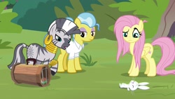 Size: 1920x1080 | Tagged: safe, screencap, character:angel bunny, character:doctor fauna, character:fluttershy, character:zecora, species:earth pony, species:pegasus, species:pony, species:rabbit, species:zebra, episode:she talks to angel, g4, my little pony: friendship is magic, animal, bracelet, clothing, ear piercing, earring, female, fire lizard, jewelry, lidded eyes, male, mare, messy mane, neck rings, piercing, ponytail, quadrupedal