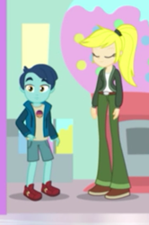 Size: 241x364 | Tagged: safe, screencap, equestria girls:holidays unwrapped, g4, my little pony:equestria girls, background human, blonde, clothing, cropped, dashing through the mall, female, henry handle, legs, male, manestrum, pants, shoes, shorts, unnamed human