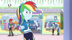 Size: 1280x720 | Tagged: safe, screencap, character:rainbow dash, character:scribble dee, equestria girls:holidays unwrapped, g4, my little pony:equestria girls, background human, boots, canterlot mall, cap, clothing, crimson napalm, dressup, female, geode of super speed, glasses, golden hazel, hat, holding hands, ink jet, magical geodes, male, pants, plusplus, shoes, skirt