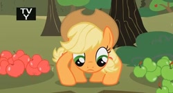 Size: 632x340 | Tagged: safe, screencap, character:applejack, species:pony, episode:the return of harmony, g4, my little pony: friendship is magic, apple, apple tree, crab pony, food, looking down, solo, tree, tv rating, tv-y