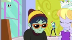 Size: 1280x720 | Tagged: safe, screencap, character:cloudy kicks, character:rainbow dash, equestria girls:holidays unwrapped, g4, my little pony:equestria girls, canterlot mall, clothing, cloudy kicks, converse, dashing through the mall, geode of super speed, glasses, magical geodes, pants, plusplus, shoes, smiling, sneakers, waldo whereabout