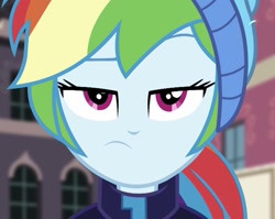 Size: 1041x827 | Tagged: safe, screencap, character:rainbow dash, equestria girls:holidays unwrapped, g4, my little pony:equestria girls, blizzard or bust, close-up, cropped, looking at you, ponytail, rainbow dash is not amused, solo, unamused, winter outfit
