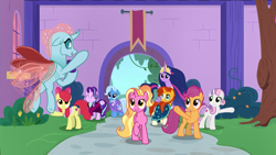 Size: 1920x1080 | Tagged: safe, screencap, character:apple bloom, character:luster dawn, character:ocellus, character:scootaloo, character:starlight glimmer, character:sunburst, character:sweetie belle, character:trixie, character:twilight sparkle, character:twilight sparkle (alicorn), species:alicorn, species:changedling, species:changeling, species:pegasus, species:pony, species:reformed changeling, episode:the last problem, g4, my little pony: friendship is magic, animation error, cutie mark crusaders, goldie delicious' scarf, headmare starlight, jewelry, long neck, older, older apple bloom, older ocellus, older scootaloo, older starlight glimmer, older sunburst, older sweetie belle, older trixie, princess twilight 2.0, regalia, sunburst the bearded