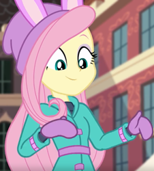 Size: 938x1039 | Tagged: safe, screencap, character:fluttershy, equestria girls:holidays unwrapped, g4, my little pony:equestria girls, canterlot high, cropped, cute, looking down, mittens, shyabetes, solo, winter outfit